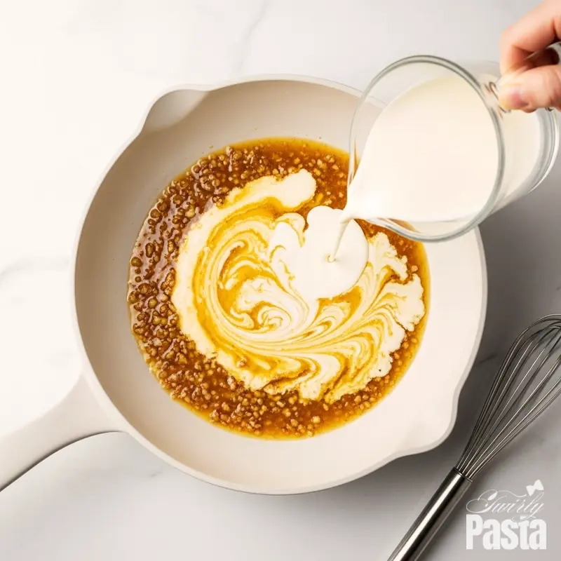 Top-down shot of heavy cream being poured into a skillet with garlic and browned bits to start the cream sauce.