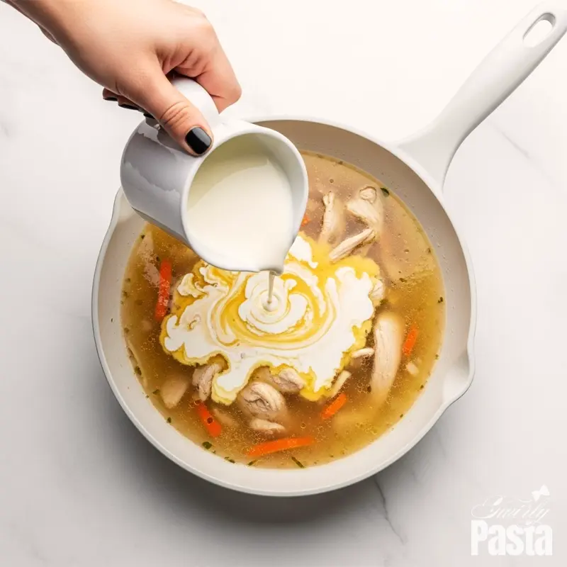 A top-down view of heavy cream being poured into a skillet to create a creamy pasta sauce.
