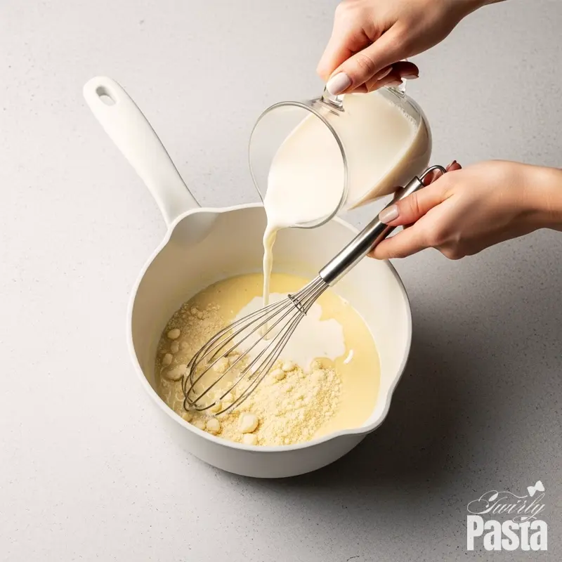 Top-down action shot of milk being whisked into a roux to create a smooth cream sauce for manicotti.