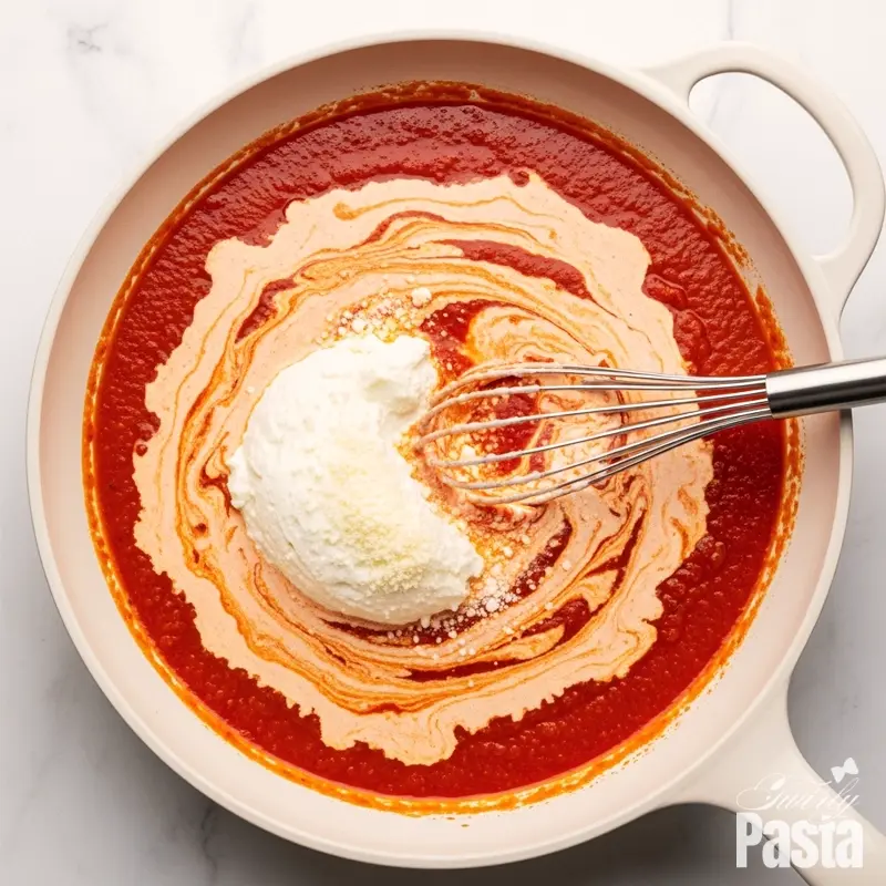 Overhead view of a ricotta cheese mixture being whisked into marinara sauce in a white skillet, creating a pink sauce.