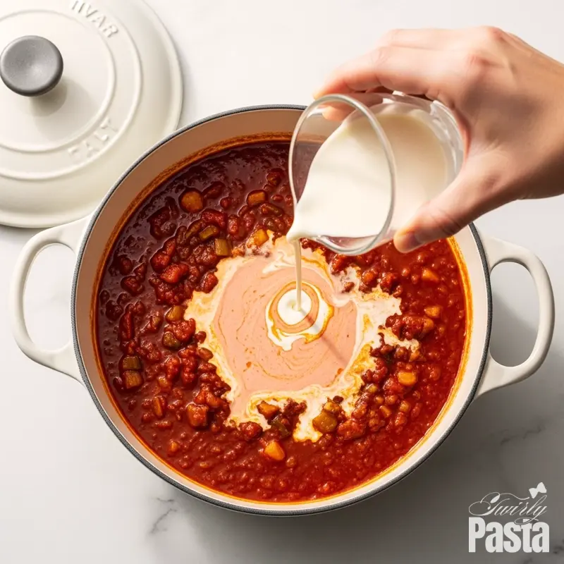 Overhead shot of heavy cream being stirred into a tomato sauce, turning it a vibrant pinkish-orange color.