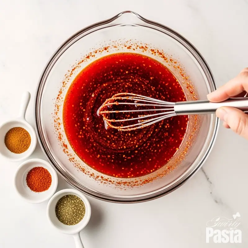 Overhead view of spices being whisked into hot oil to create a vibrant red Nashville hot glaze.