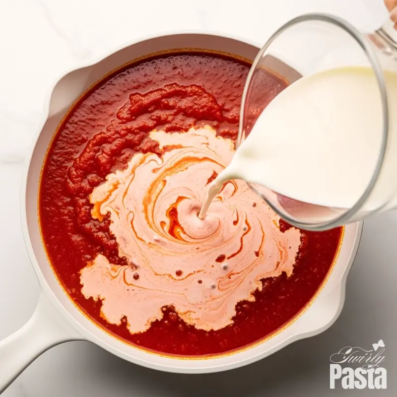 A flat lay image of heavy cream being stirred into marinara sauce, creating a pink rosé sauce.