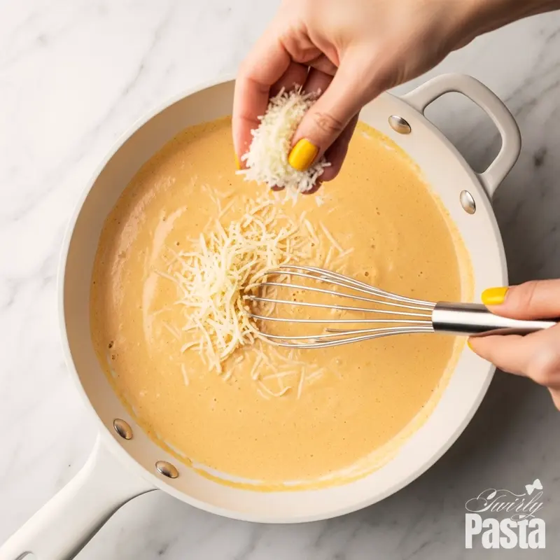 A top-down view of grated Asiago cheese being melted into a simmering cream sauce in a white skillet.