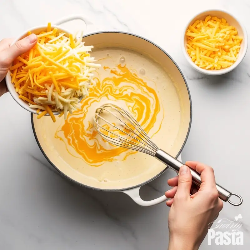 Overhead view of grated cheddar and Gruyère cheese being melted into a creamy sauce in a white pot.