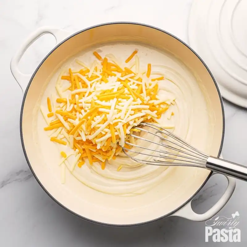 A handful of shredded cheddar cheese being whisked into a thick, creamy white sauce in a pot.