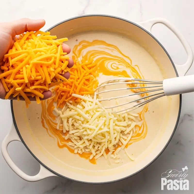 Top-down view of shredded cheeses being melted into a creamy sauce in a white pot to make cheese sauce.