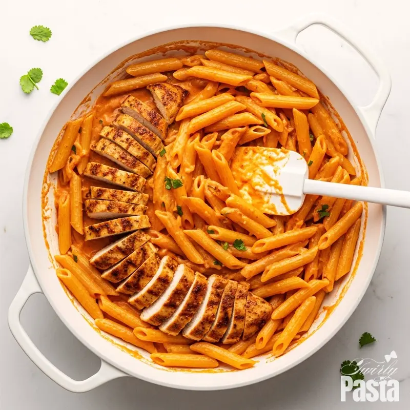 A top-down view of a white skillet filled with penne pasta, chicken, and a creamy BBQ cheese sauce being mixed together.