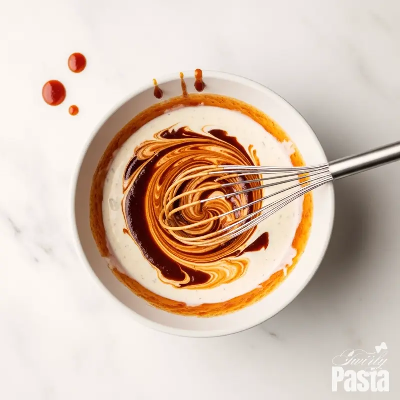 An overhead shot of BBQ sauce and ranch dressing being whisked together in a white bowl to create a creamy sauce.
