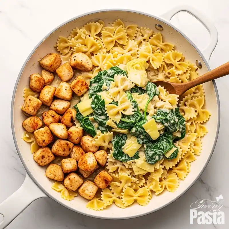 A flat lay of cooked farfalle pasta and seared chicken being stirred into a creamy spinach artichoke sauce in a white skillet.