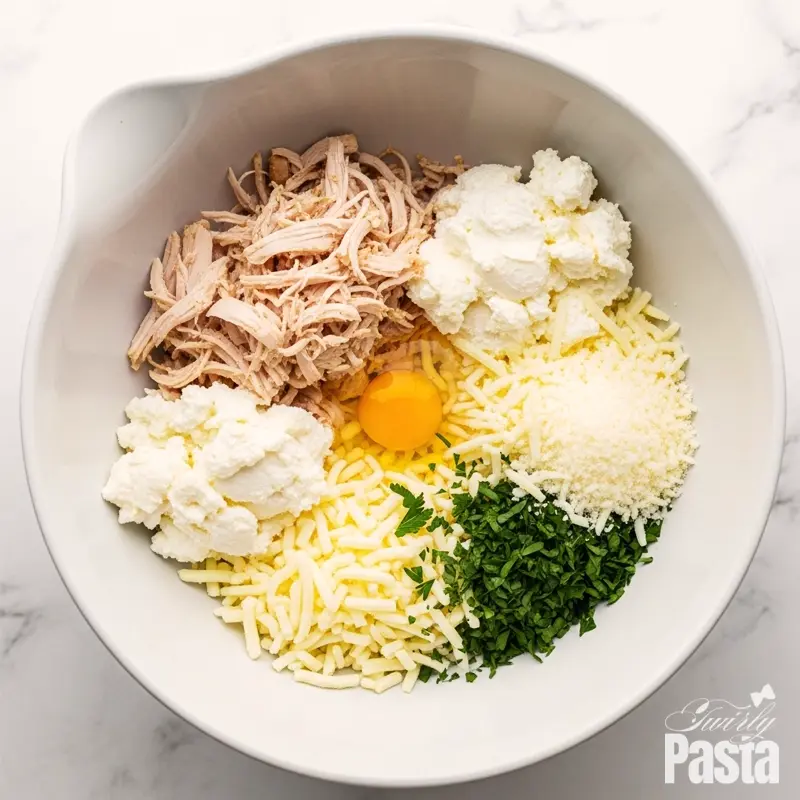 Overhead view of a large white bowl containing the ingredients for chicken manicotti filling before mixing.