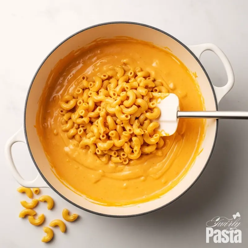 A top-down shot of cooked elbow macaroni being stirred into a rich, creamy cheese sauce in a white pot.