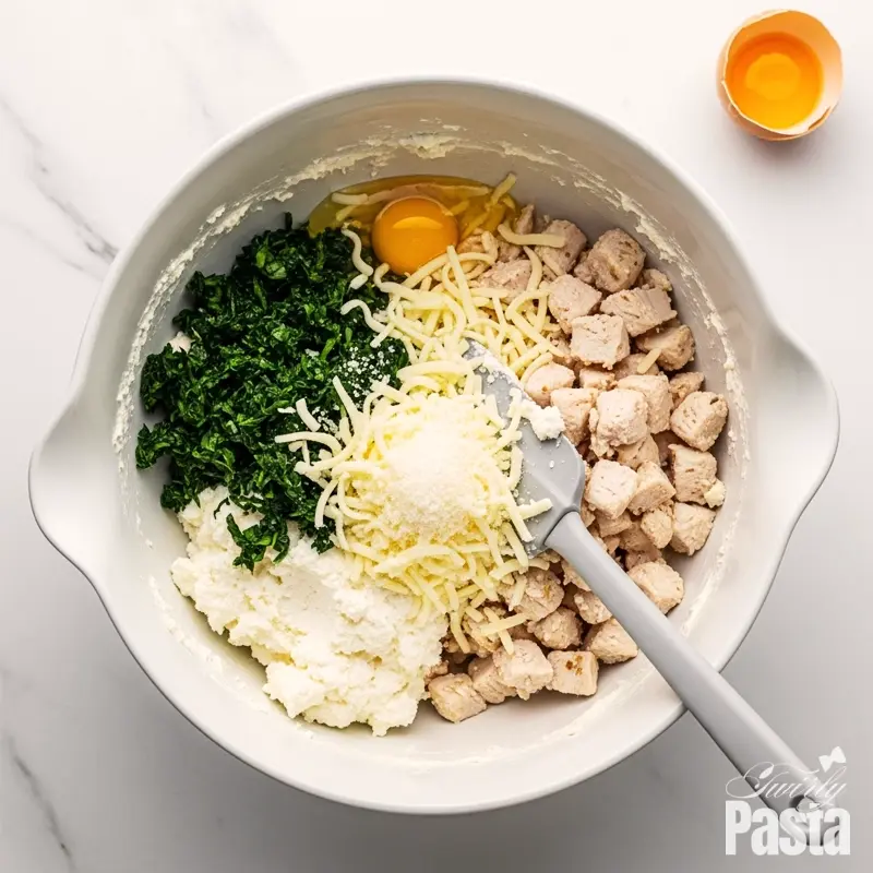 A large white bowl seen from above, showing the creamy ricotta, chicken, and spinach filling for stuffed shells being mixed together.