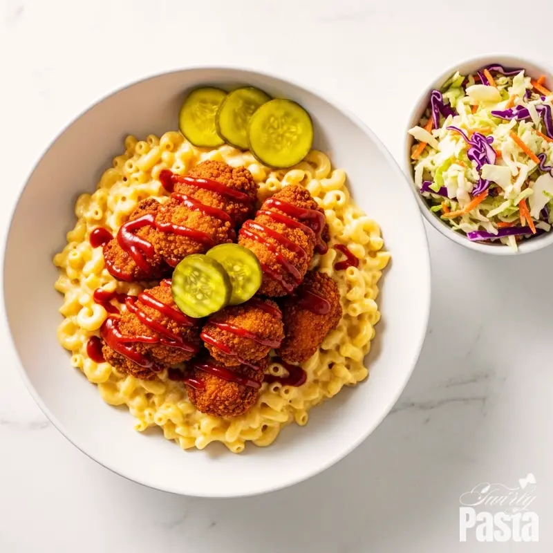 A bowl of Nashville hot chicken mac and cheese served next to a side of vinegar-based coleslaw.