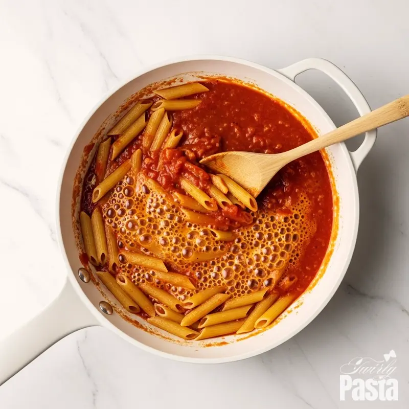 A flat lay view of uncooked penne pasta simmering directly in a rich tomato sauce inside a white skillet.