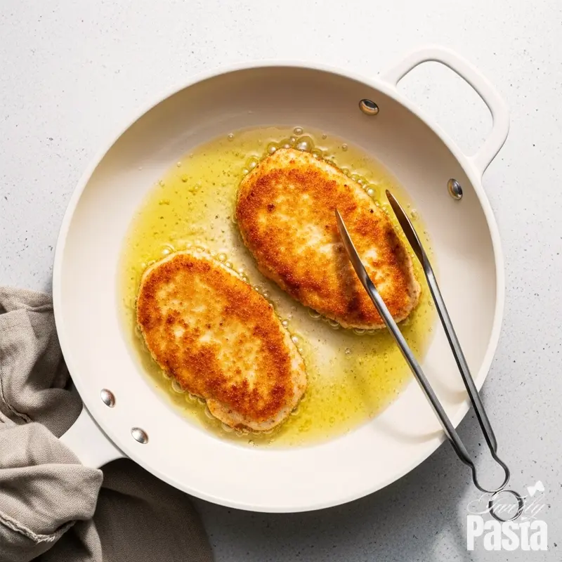 A top-down, hyper-realistic photo of two golden-brown chicken cutlets sizzling in a white ceramic skillet.
