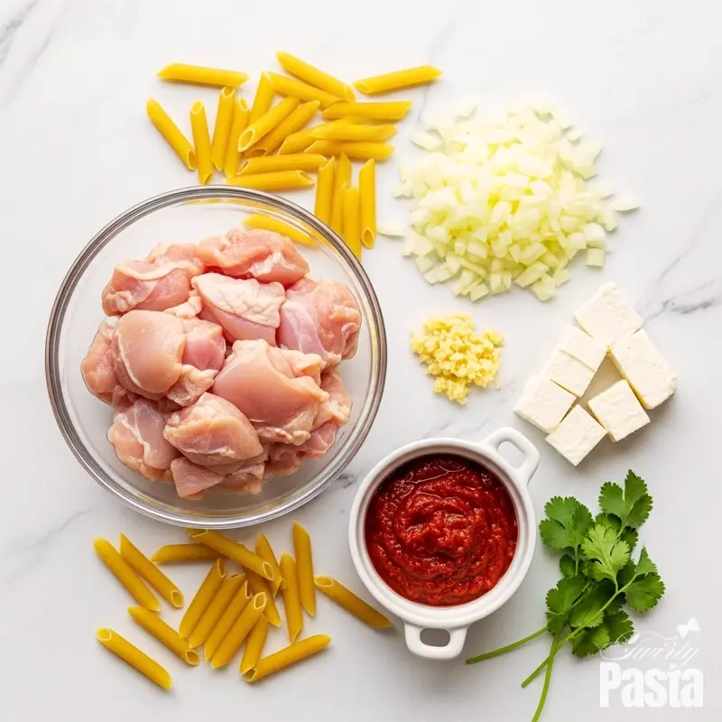 Overhead flat lay of ingredients for peri-peri chicken penne: raw chicken, penne pasta, chopped onion, garlic, cream cheese, and marinade on a white marble surface.