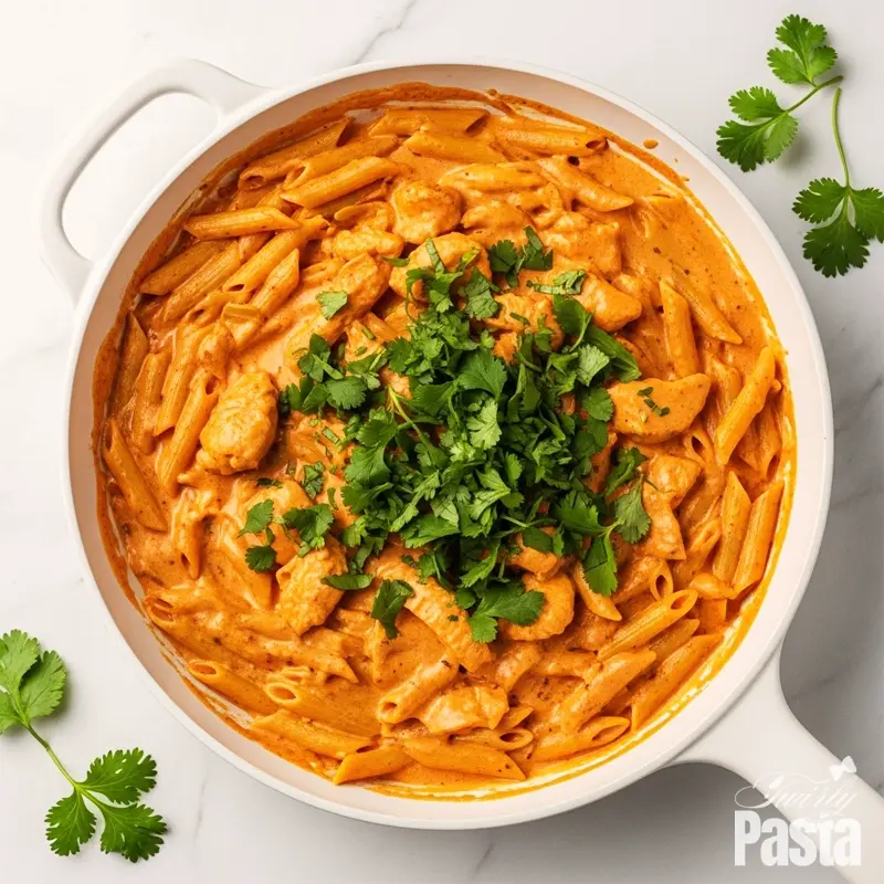 A top-down view of the finished creamy peri-peri chicken pasta in a white skillet, being garnished with fresh chopped cilantro.