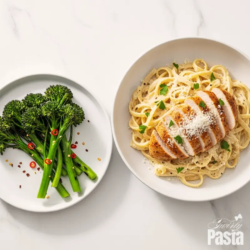 A plated bowl of creamy chicken alfredo served with a side of flash-roasted broccolini with chili flakes, viewed from directly above.
