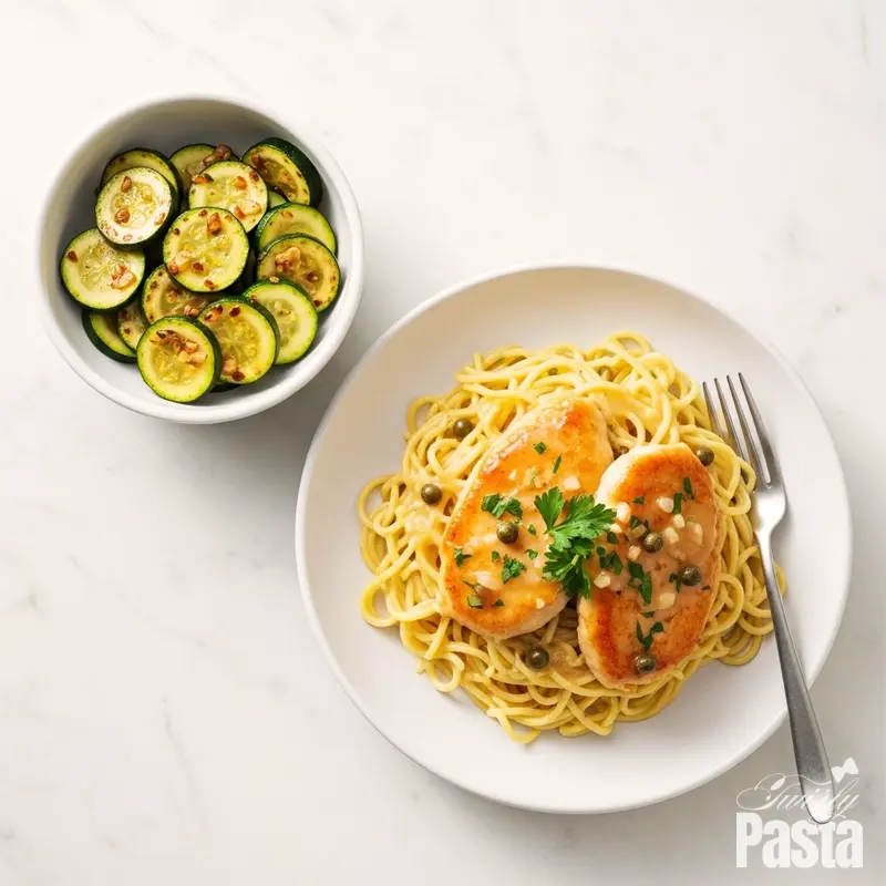 A beautifully plated dish of chicken piccata served with a side of sautéed zucchini, viewed from directly above.