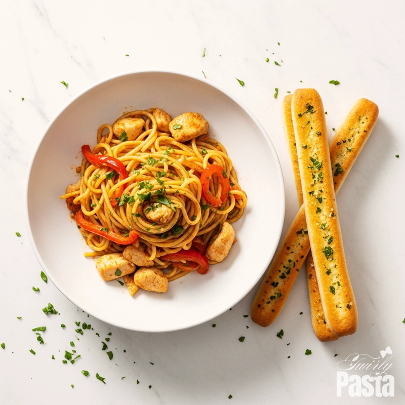 A beautiful flat lay of a bowl of chicken scampi pasta served alongside golden garlic breadsticks on a white marble background.