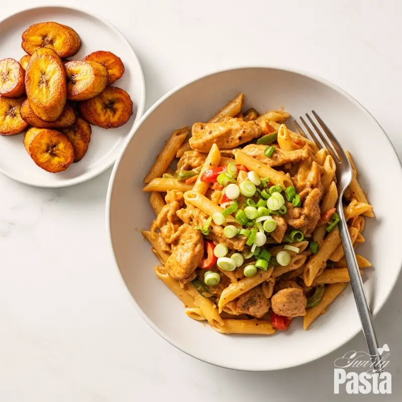 A plated bowl of creamy jerk chicken pasta garnished with green onions, served with a side of sweet fried plantains.