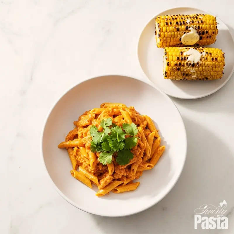 An overhead shot of a bowl of creamy peri-peri chicken pasta served with a side of grilled corn on the cob on a white marble table.