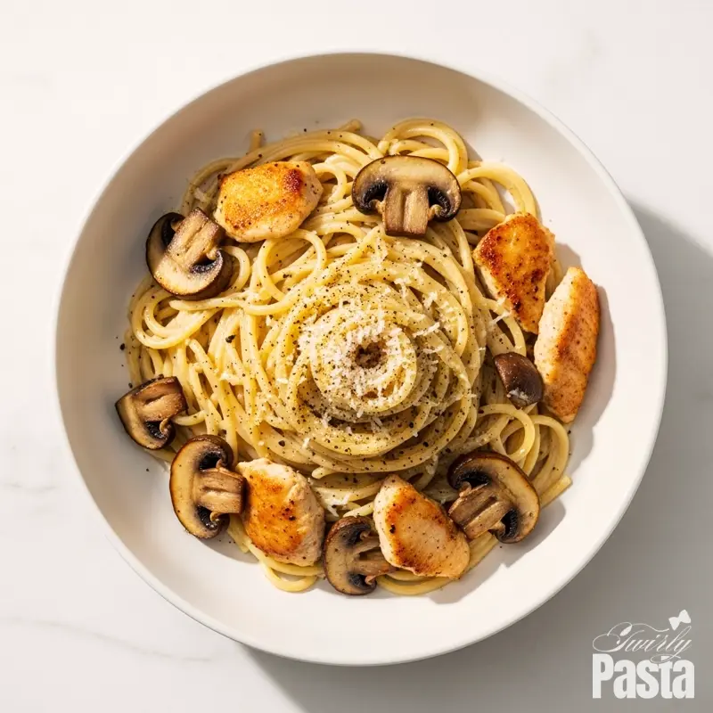 A beautiful overhead shot of a plated bowl of chicken and mushroom carbonara on a white marble surface.