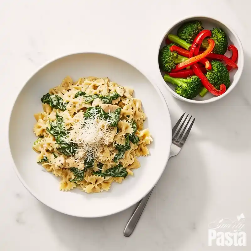 A serving of creamy spinach artichoke chicken pasta in a white bowl, viewed from above, with a side of roasted vegetables.