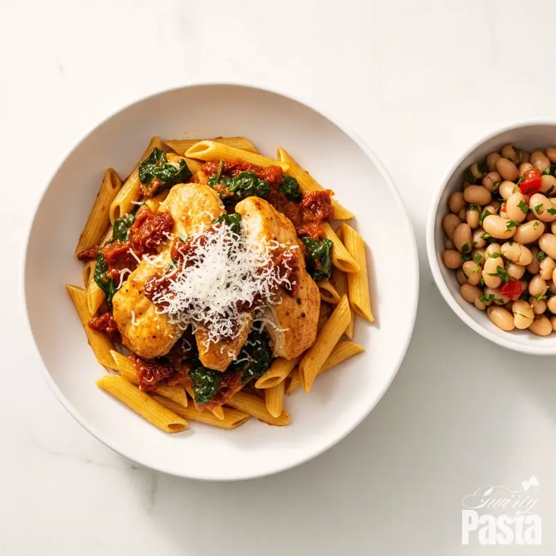 A beautiful overhead shot of a bowl of creamy Tuscan chicken pasta served next to a side of marinated cannellini beans.