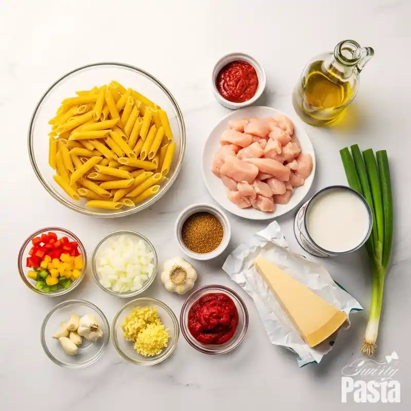 A top-down view of all the ingredients for Rasta Pasta arranged on a white marble surface, including penne, chicken, bell peppers, aromatics, and coconut milk.