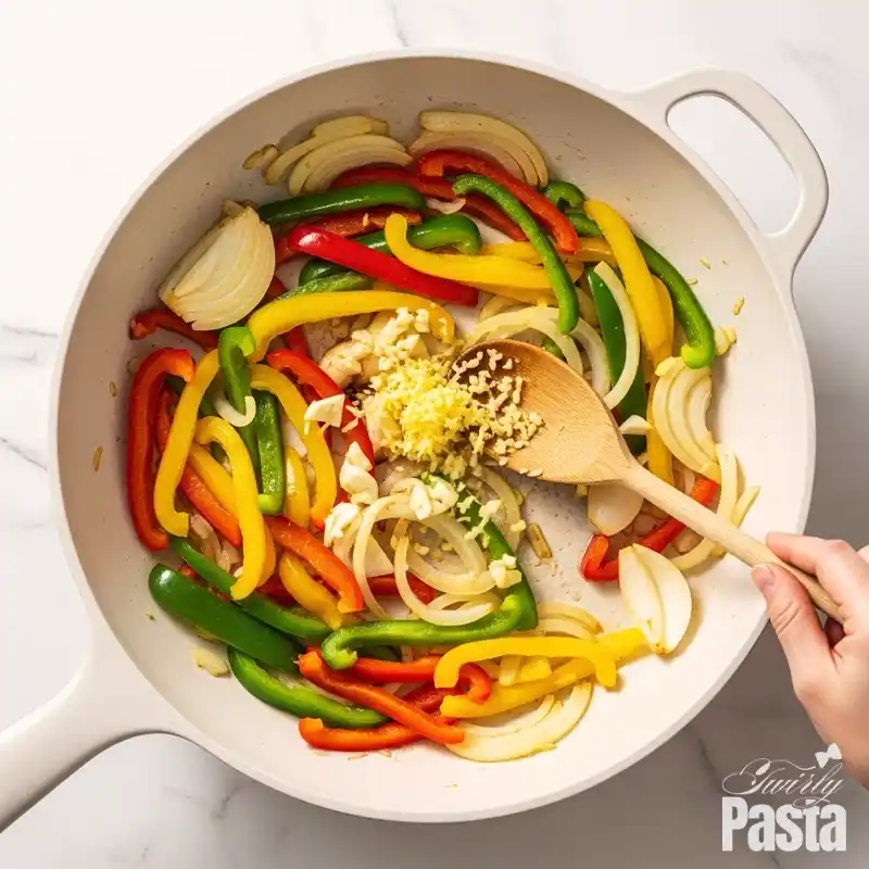 A top-down shot of a white ceramic skillet with colorful bell peppers and onions being sautéed for Rasta Pasta.