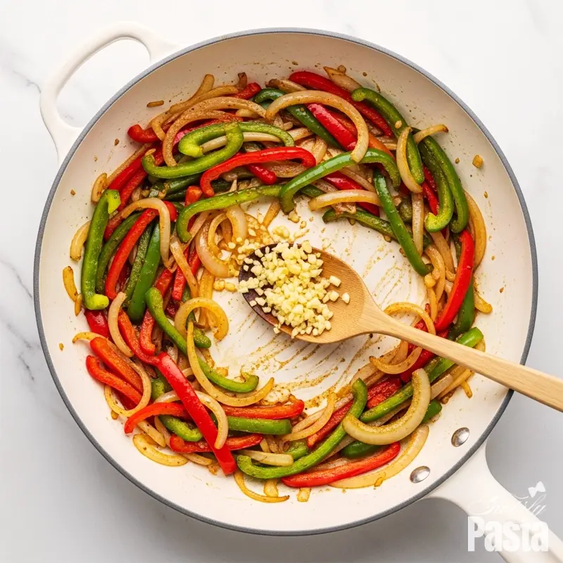 An overhead photo of colorful sliced bell peppers and onions being sautéed in a large white skillet.