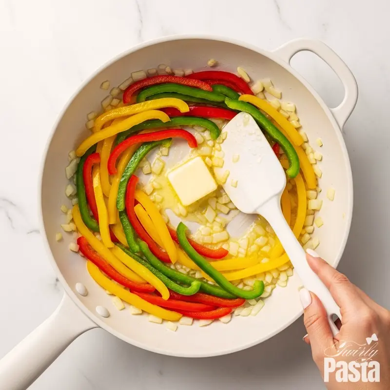 An overhead shot of colorful sliced bell peppers and onions being sautéed in a white pan for jerk pasta.