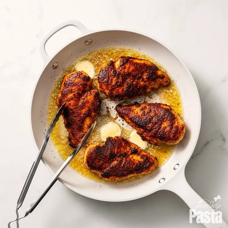 Overhead flat lay of blackened chicken cutlets searing in a white ceramic skillet.