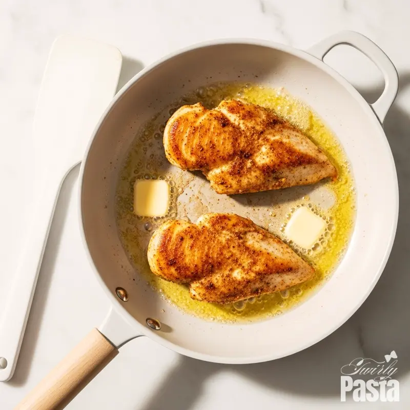 Top-down view of Cajun-seasoned chicken breasts searing to a golden-brown in a white ceramic skillet.