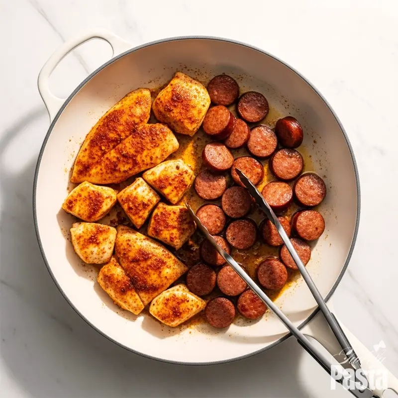 Top-down view of seasoned chicken chunks and andouille sausage slices searing in a matte white skillet to create a golden-brown crust.