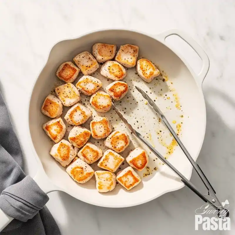An overhead shot of seasoned chicken cubes searing to a golden brown in a matte white ceramic skillet.