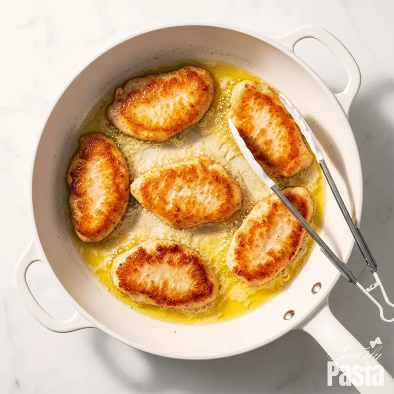 A 90-degree overhead shot of chicken cutlets being seared to a golden brown in a white skillet.