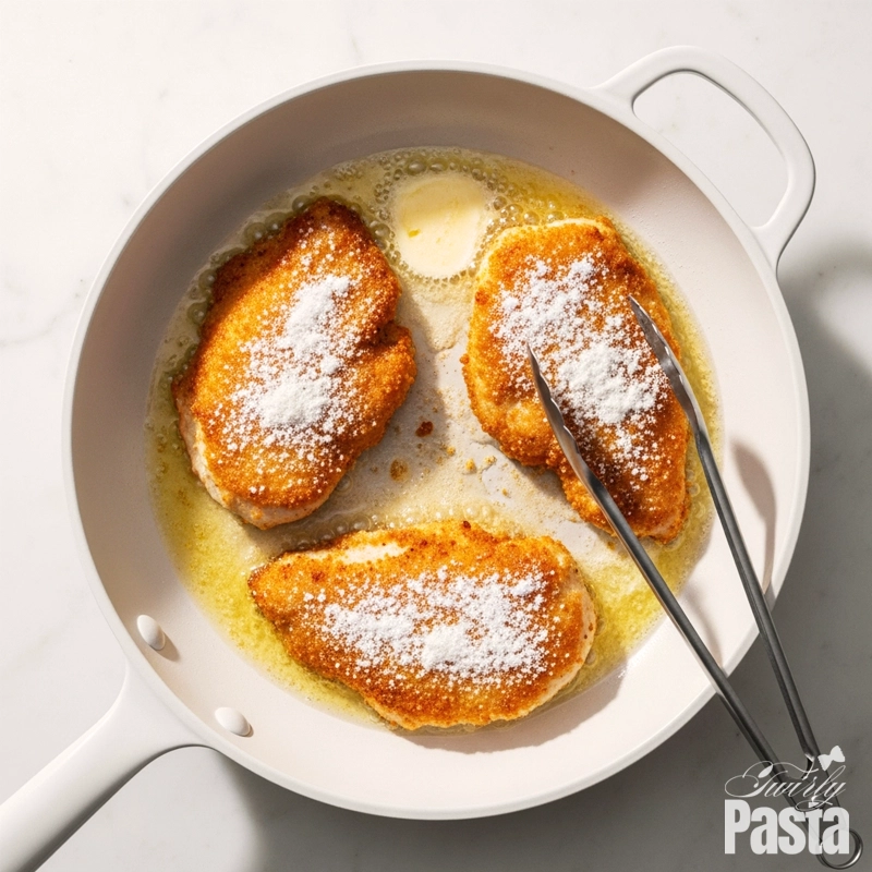 A 90-degree overhead shot of chicken cutlets being seared to a perfect golden-brown in a white ceramic skillet.
