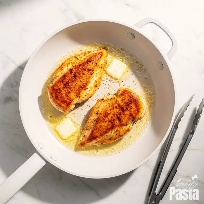 An overhead shot of two chicken breasts being seared to a golden-brown perfection in a white ceramic skillet.