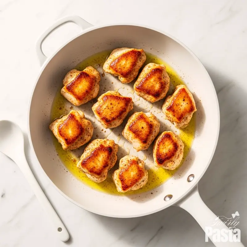 A top-down shot of seasoned chicken breast chunks searing to a golden brown in a white ceramic skillet.