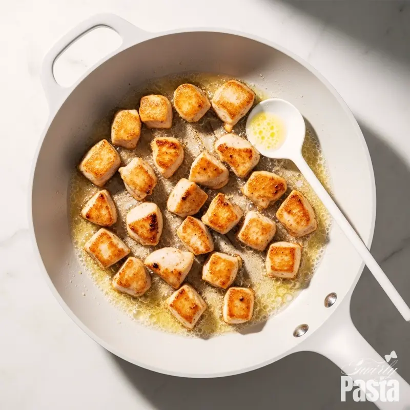 Top-down view of chicken cubes being seared to a golden-brown in a white ceramic skillet on a marble surface.