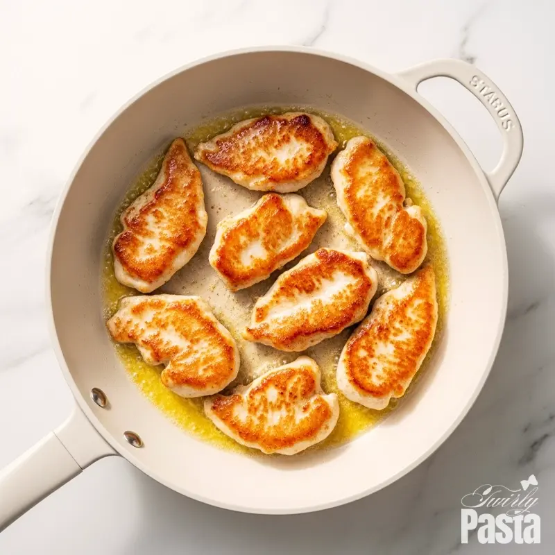 Top-down view of thin chicken cutlets searing to a golden brown in a matte white skillet.