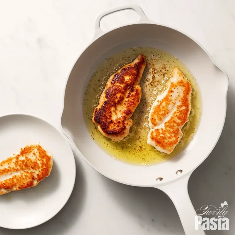 Top-down view of chicken cutlets searing to a golden-brown in a white ceramic skillet for Chicken Diavolo.
