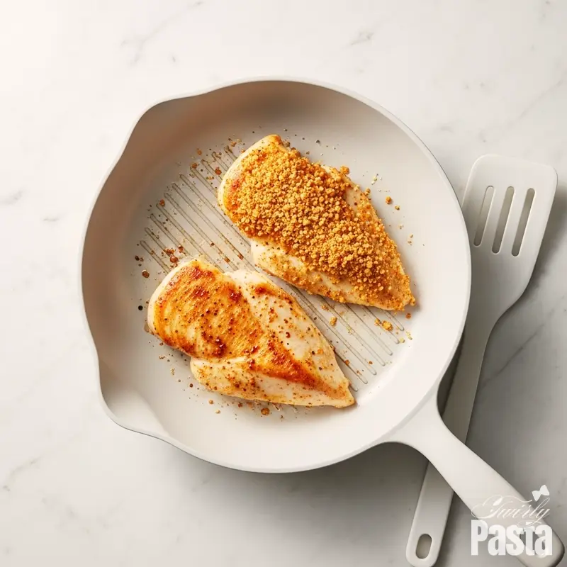 Overhead shot of chicken breasts being seared to a golden-brown perfection in a white skillet.
