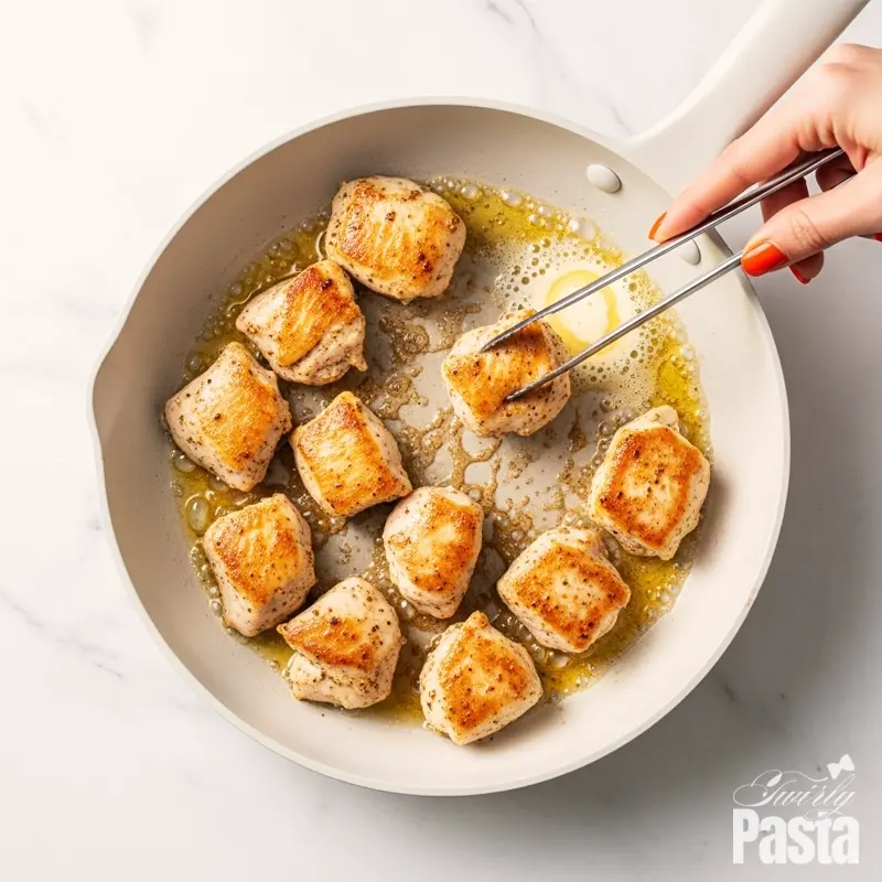 A top-down flat lay shot of chicken breast chunks being seared to a golden brown in a white ceramic skillet.