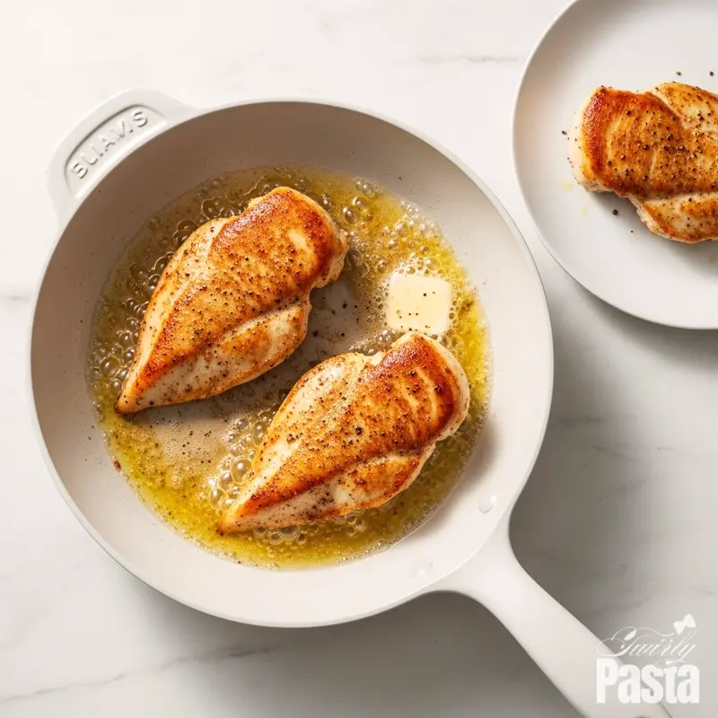 Overhead shot of chicken cutlets being seared to a golden-brown perfection in a white skillet.