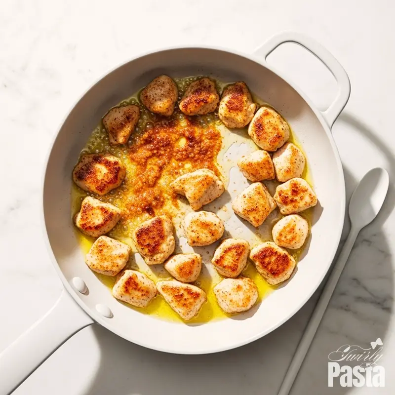 Top-down view of seasoned chicken pieces searing to a golden brown in a white ceramic skillet.