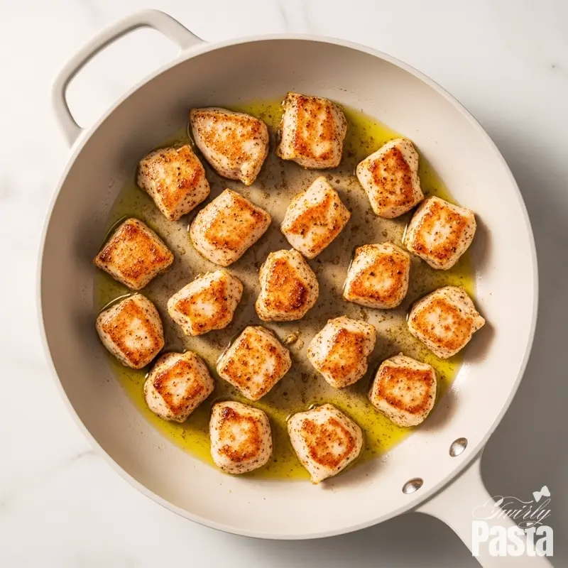 Overhead shot of seasoned chicken cubes sizzling and browning in a white ceramic skillet.